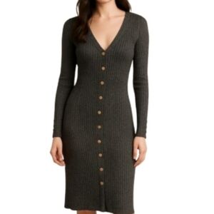 Metallic Black Salt & Pepper Button-Down V-neck Knit Dress By Alison Andrews